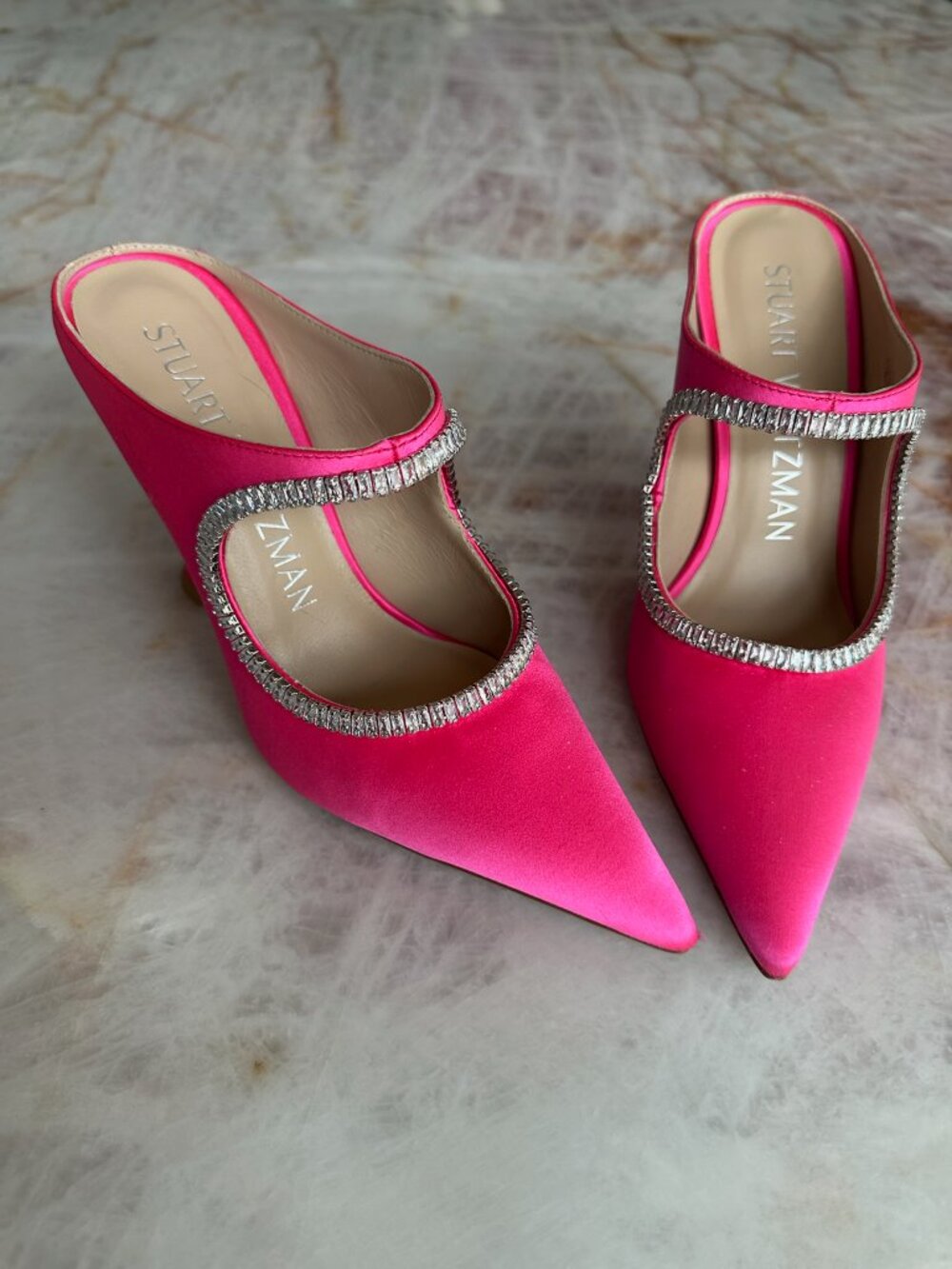 Stuart Weitzman Pink Satin Crystal Heels, Size 7 Luxury Designer Pumps Mules - Picture 2 of 12